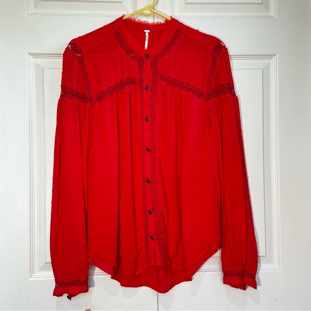 Free People Abigail Victorian Eyelet Lace Blouse Red Large EUC